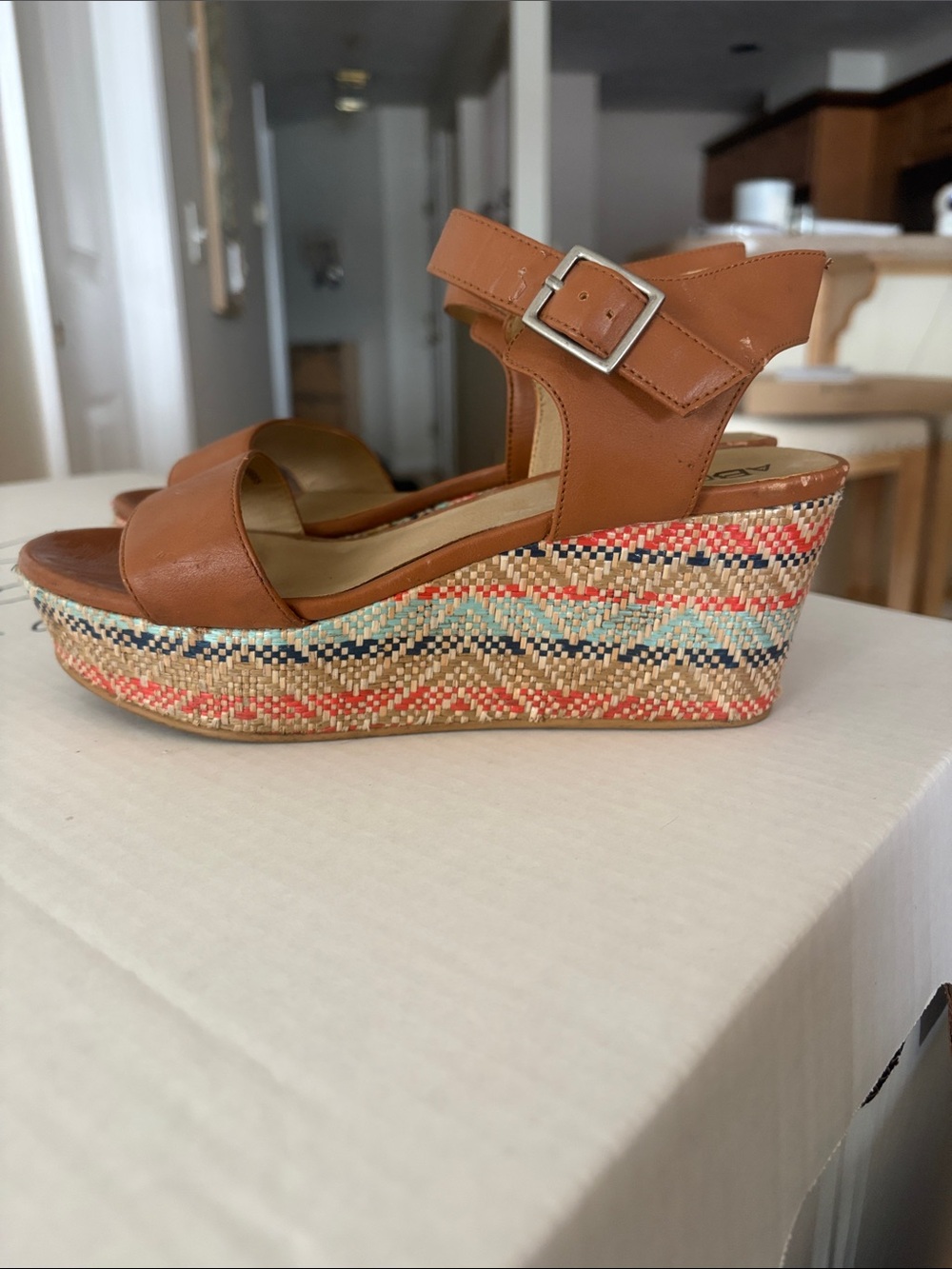 Abound Tan Leather Wedge Sandals with Multicolor Woven Platform